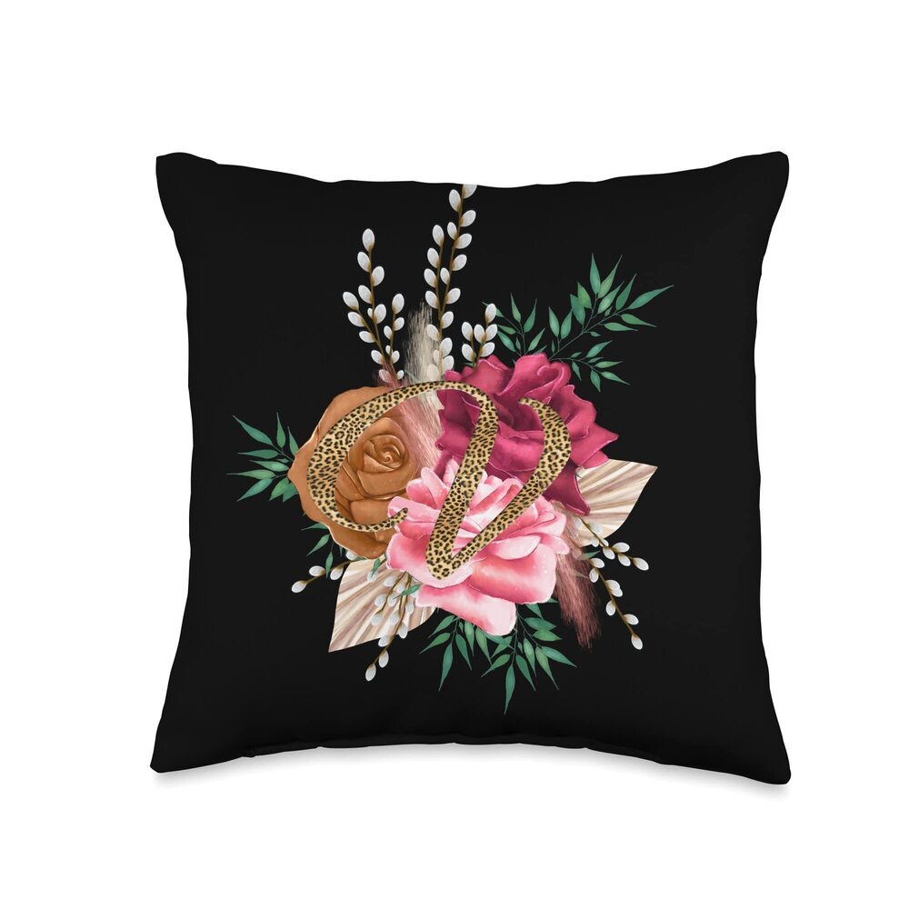 9403 Tropical Leopard Initial Letter V Monogram Maroon Floral Throw Pillow